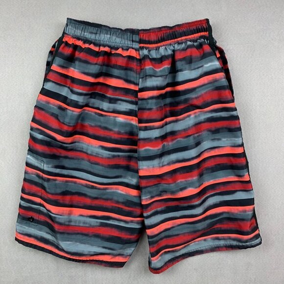 Nike Mens Swim Trunks Medium Red Gray Striped Shorts Orange Mesh Lined Pockets - Picture 11 of 11